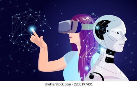 Woman in vr glasses building cyborg, robot, humanoid in 3d space. Digital technology bionic science app for creating robotic machine with ai. Future evolution program for humanity. Vector Illustration