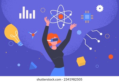 Woman in vr glasses concept. Young girl in virtual reality, metaverse and cyberspace. Character with lightbulb and atom, graphs and diagrams. Modern technologies. Cartoon flat vector illustration