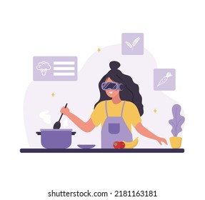 Woman in VR glasses cooking in metaverse. Cyberspace concept. Virtual reality simulator. Modern technology entertainment. Vector illustration in flat cartoon style.