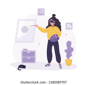 Woman in VR glasses creating NFT art in metaverse. Cyberspace or Virtual reality concept. Modern technology entertainment. Vector illustration in flat cartoon style.
