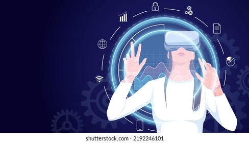 Mujer con gafas vr, auriculares con holograma infográfico circular. Datos de bloqueo de realidad virtual aumentada. Metáveres de la red de tecnología digital. Programador en aplicación de ciberoficina. Vector