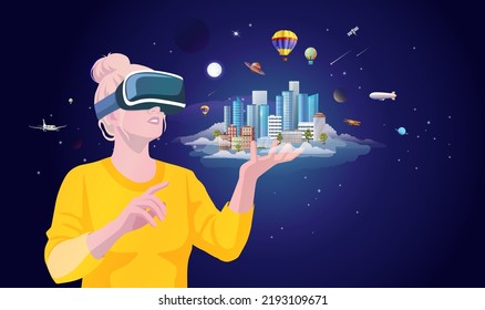 Woman in vr glasses holds in hand hologram of meta verse space, planets, universe, city buildings, skyscrapers. Augmented concept of mini world, digital technology virtual reality. Vector