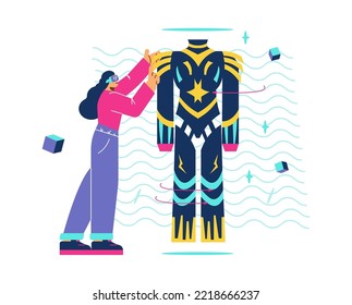 Woman in VR glasses looking at futuristic clothes, flat vector illustration isolated on white background. Concept of metaverse and virtual reality fashion and shopping.