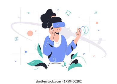 Woman in vr glasses vector illustration. Brunette touching virtual screen display flat style design. Augmented reality. Visualization of project concept. Isolated on white background