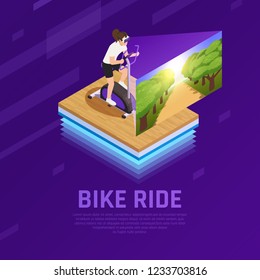 Woman in vr glasses with virtual nature on stationary bike isometric composition on purple background vector illustration