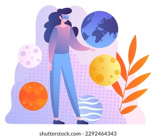 Woman in VR glasses. Virtual reality, imagination and fantasy. Young girl with gadget or device for learning and playing. Innovations and modern technologies. Cartoon flat vector illustration