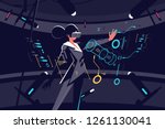 Woman in vr glasses working process vector illustration. Female in black working in virtual reality office with tiny details on interactive panel. Businesswoman flat style concept on dark background