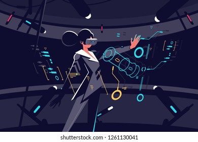 Woman In Vr Glasses Working Process Vector Illustration. Female In Black Working In Virtual Reality Office With Tiny Details On Interactive Panel. Businesswoman Flat Style Concept On Dark Background