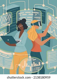 Woman in VR glasses working with virtual reality screens. Black and white female engineers. Diversity and Break the science bias concept vector illustration. Women in tech. Innovative technologies