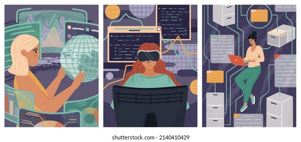 Woman in VR goggles coding AI application. Female engineers and developers. Diversity and Break the science bias concept vector illustration. Women in tech. Innovative technologies and data analytics