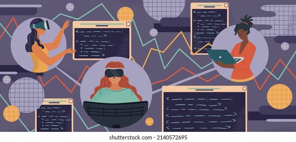 Woman In VR Goggles Coding Application. Black And White Female Engineers And Developers. Diversity And Break The Science Bias Concept Vector Illustration. Women In Tech. Innovative Technologies