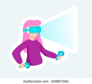 Woman in VR headset with controllers in metaverse virtual reality. Vector illustration in cartoon sticker design