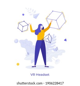 Woman in VR headset exploring cyberspace with 3d shapes. Concept of virtual or augmented reality, head-mounted device for visual simulation, interactive experience. Modern flat vector illustration.