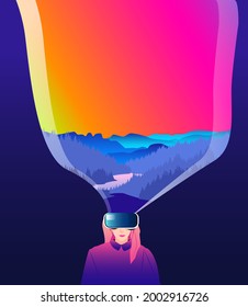 Woman in VR headset exploring cyberspace with bright rainbow mountain landscape. Concept of virtual or augmented reality. Modern illustration.