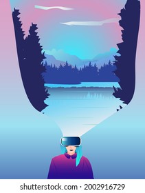 Woman in VR headset exploring cyberspace with blue mountain and river landscape. Concept of virtual or augmented reality. Modern editable vector illustration.