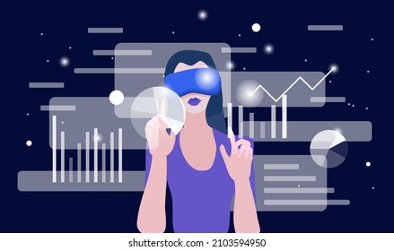 Woman in VR headset exploring digital interface and working with data. Concept of virtual or augmented reality, interactive experience. Modern flat vector illustration.