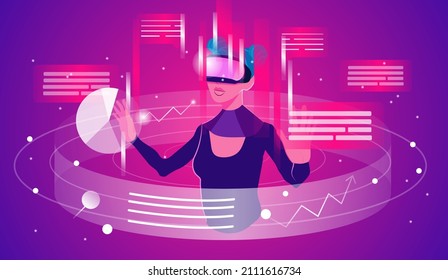 Woman in VR headset exploring digital interface and working with data. Concept of virtual or augmented reality, interactive experience. Modern flat vector illustration.