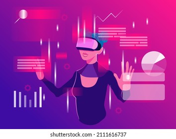 Woman in VR headset exploring digital interface and working with data. Concept of virtual or augmented reality, interactive experience. Modern flat vector illustration.