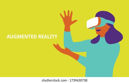 Woman in VR headset looking up at the objects in virtual reality