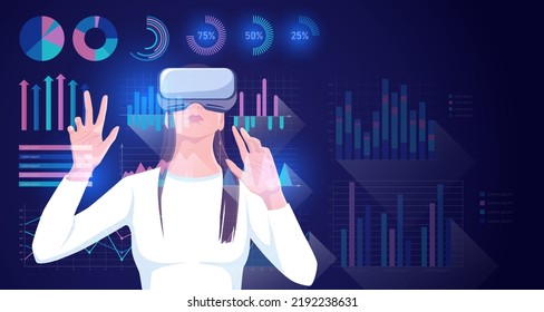 Woman in vr headset working with infographics. Digital technologies virtual reality business finance with 3d market holograms financial data, stocks, graphs, bars, diagram, circle. Vector