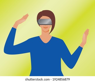 Woman with vr helmet. Flat vector stock illustration. The player is happy. Concept of virtual reality, games, futuristic videos. Person and vr helmet. Virtual reality illustration