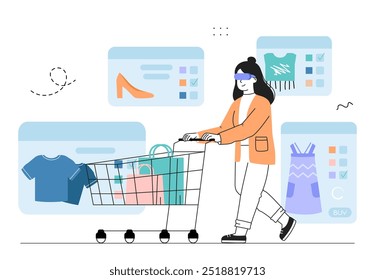 Woman with VR shopping. Young girl in virtual reality glasses with basket of trendy and fashionable clothes. Metaverse and cyberspace. Linear vector illustration isolated on white background