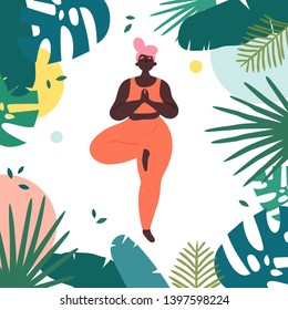 Woman in vrksasana asana yoga tree position. Body positive african american girl stands on one leg and rest in tropics.  Female in harmony with herself, mental and body health. Vector flat