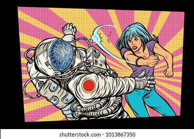 woman vs astronaut, fight. Pop art retro comic book vector cartoon vector illustration hand drawing