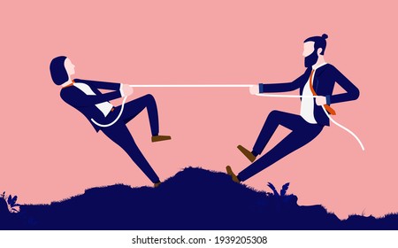 Mujer vs hombre - Dos hombres de negocios jugando al tira y afloja, tirando de una cuerda y teniendo una rivalidad. Concepto de competencia de género. Ilustración vectorial.