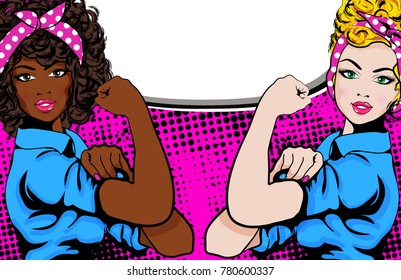 Woman VS Woman. We Can Do It. Iconic woman's fist/symbol of female power and industry. cartoon woman with can do attitude.