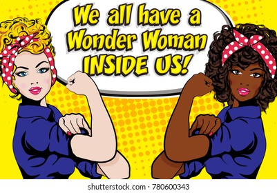 Woman VS Woman. We Can Do It. Iconic woman's fist/symbol of female power and industry. cartoon woman with can do attitude.