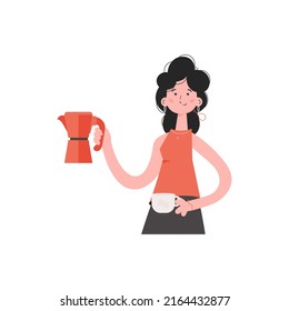 A woman is waist-deep in her hands holding a cup and a coffee pot. Isolated. Element for presentations, sites. Vector illustration