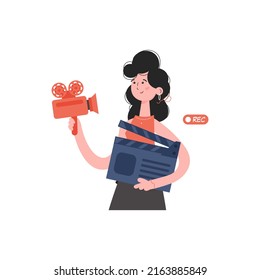 A woman is waist-deep, holding a movie clapperboard and a video camera. Isolated. Element for presentations, sites. Vector illustration