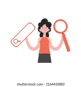 A woman is waist-deep holding a web search bar and a magnifying glass. Isolated. Element for presentations, sites. Vector illustration