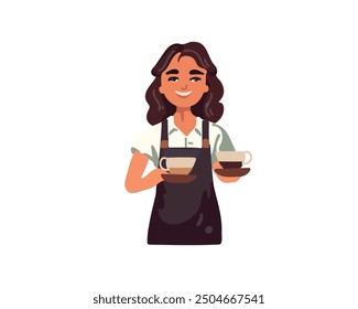 a woman waiter, a barista gives a cup of coffee