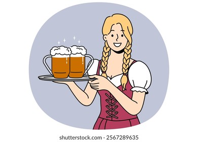 Woman waiter with beer on tray smiles, inviting to visit bavarian autumn festival to try alcoholic drinks. Two mugs with foamy ale or beer from bar in hands of girl serving guests at holiday party