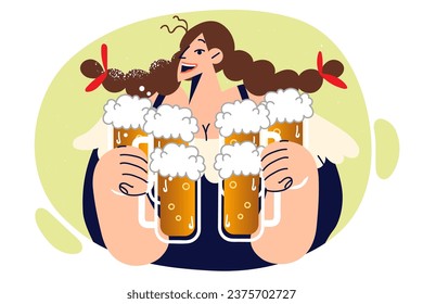 Woman waiter carries mugs filled with foaming beer and smiles, inviting guests to new bar or tavern. Cheerful girl offers to taste refreshing beer or ale made from natural hops and malt