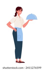 Woman in waiter profession. Young girl in uniform at workplace. Catering, cafe and restaurant occupation. Sticker for social networks. Cartoon flat vector illustration isolated on white background