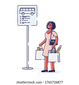 Woman waiting for bus. African american passenger standing at road sign with bus timetable near road. City public transport and urban transportation concept. Linear vector illustration