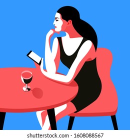 Woman waiting call. Female character sitting at the table with glass of wine and smartphone. Vector illustration