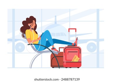 Mujer esperando un vuelo en el aeropuerto. Mujer concepto con auriculares y equipaje, aeropuerto. Ilustración vectorial.