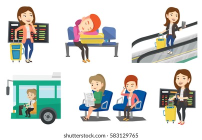 Woman waiting for a flight at the airport. Passenger with suitcase standing at the airport on the background of departure board. Set of vector flat design illustrations isolated on white background.