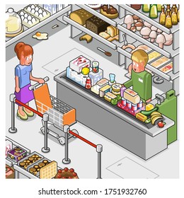 Woman waiting at grocery store cashier (isometric illustration)
