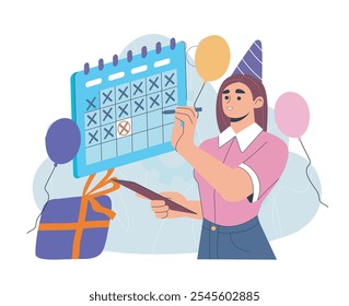 Woman waiting for her birthday. Young girl near calendar and gift. Holiday and festival. Party and event. Congratulation and celebration. Flat vector illustration isolated on white background