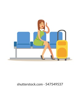 Woman Waiting For Her Flight In Lobby Part Of Airport And Air Travel Related Scenes Series Of Vector Illustrations