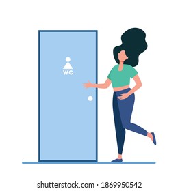 Woman waiting her turn at WC door. Lavatory, public convenience, toilet room flat vector illustration. Public place, hygiene concept for banner, website design or landing web page