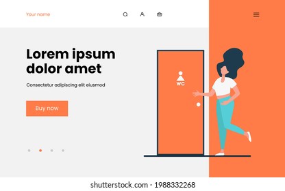 Woman waiting her turn at WC door. Lavatory, public convenience, toilet room flat vector illustration. Public place, hygiene concept for banner, website design or landing web page