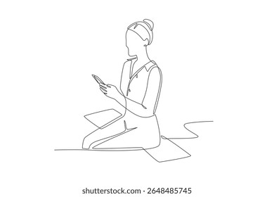 Woman waiting for the next bus. Travel in transit concept one-line drawing