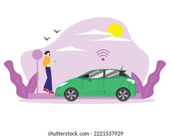 A woman is waiting for online transportation. People ordering car using online transportation app. Online transportation service concept flat vector illustration isolated on white.