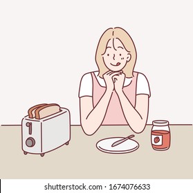 Woman waiting for some bread to toast in the toaster. Hand drawn style vector design illustrations.